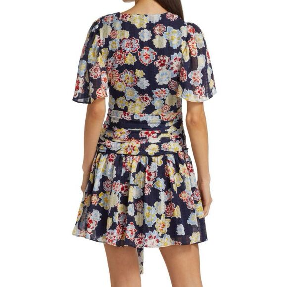 Tanya Taylor Brynn Floral Mini Wrap Dress Womens 18 Navy Floral Flutter Sleeves - Picture 3 of 16